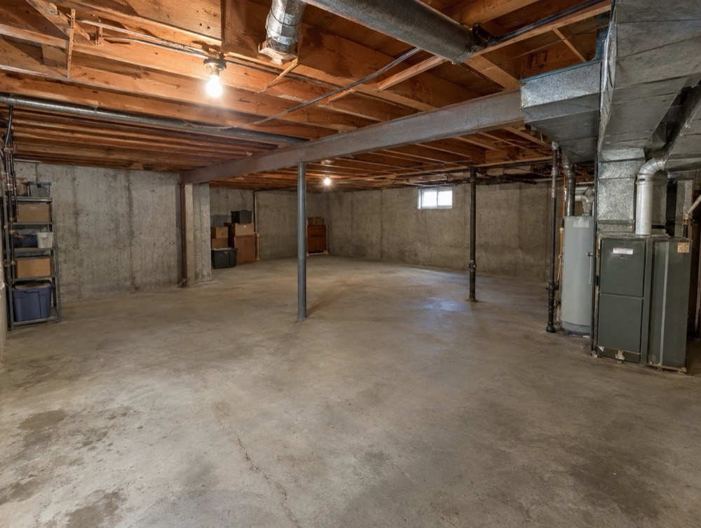 Before: Unfinished basement with bare concrete floor, exposed joists, ductwork and a furnace