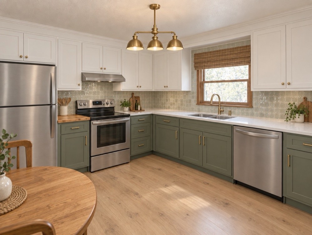 After: Remodeled kitchen with sage green lower cabinets, white uppers, tile backsplash, stainless appliances and brass pendant light